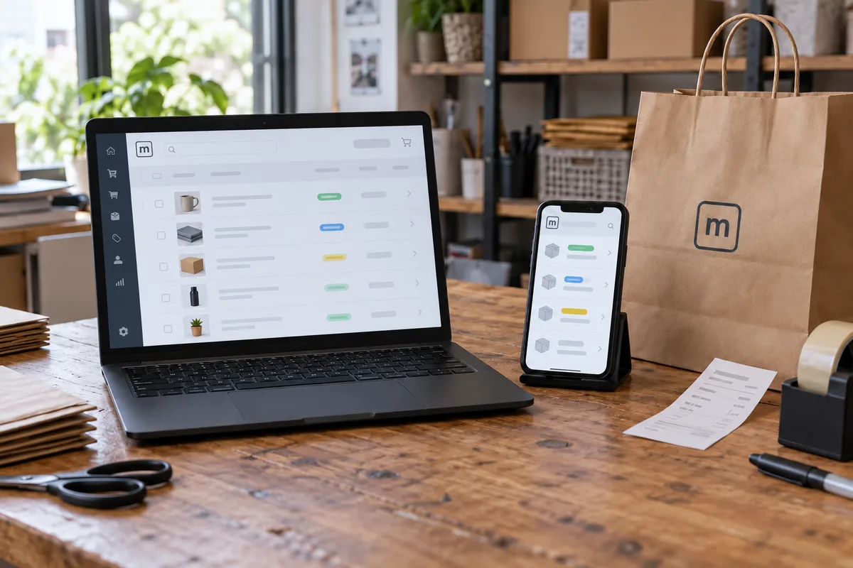 Laptop and phone in an ordinary order packing workspace